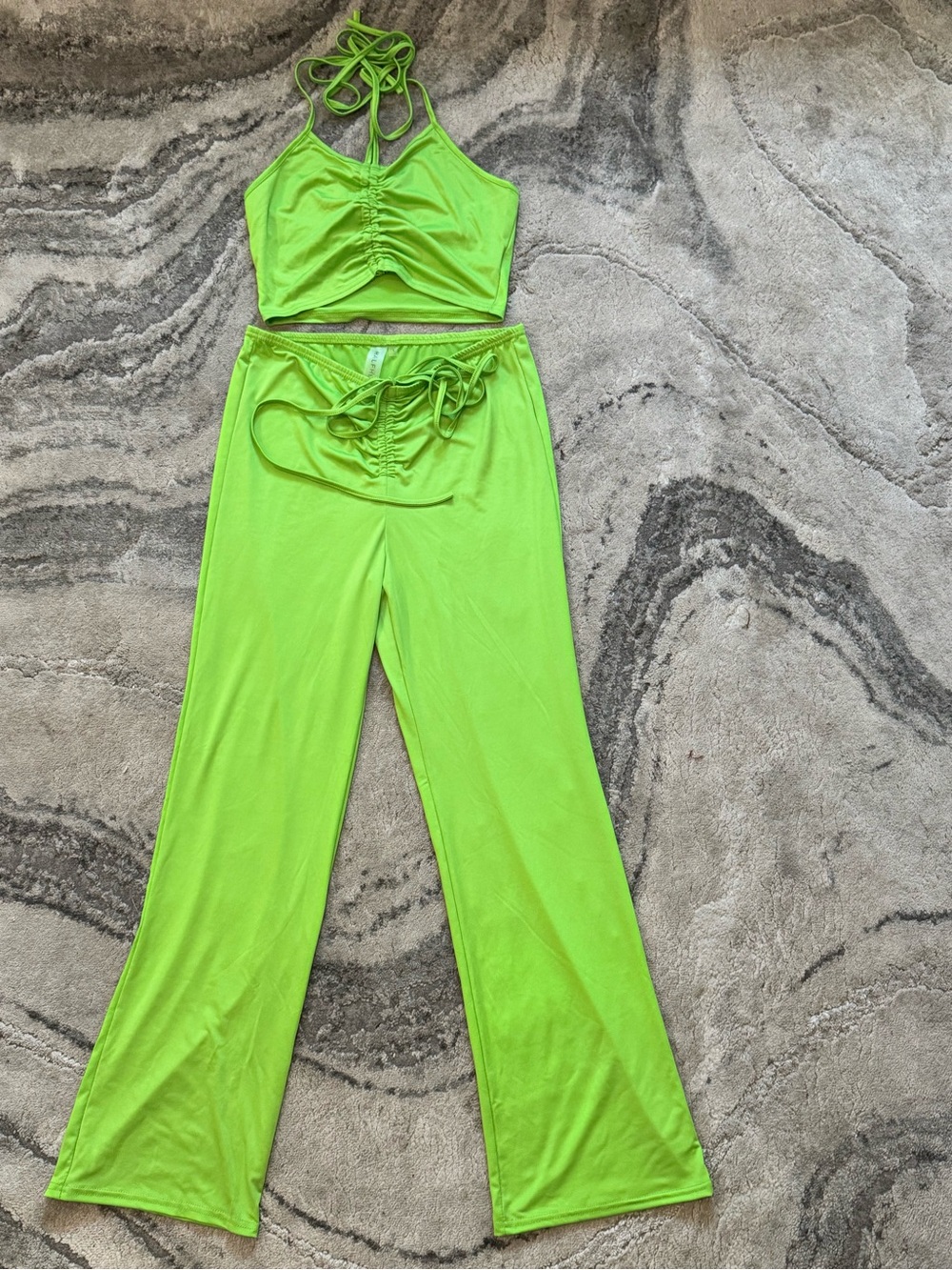 Neon Green Wide-Leg Drawstring Pant Set- Women